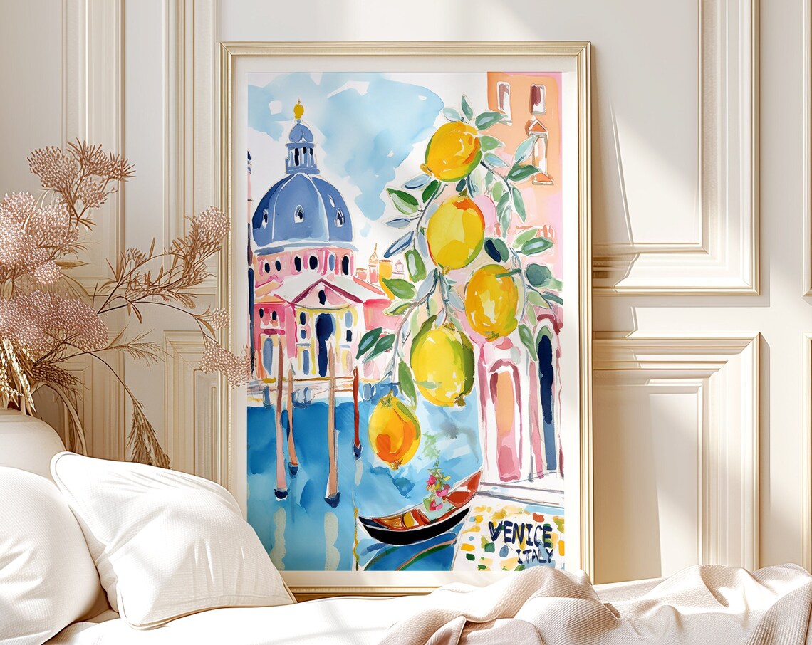 Venice Canal Hanging Lemons Gondola Domed Church Italy Travel Poster