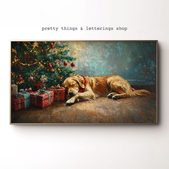 Golden Retriever Christmas Art Print, Holiday Dog Art
