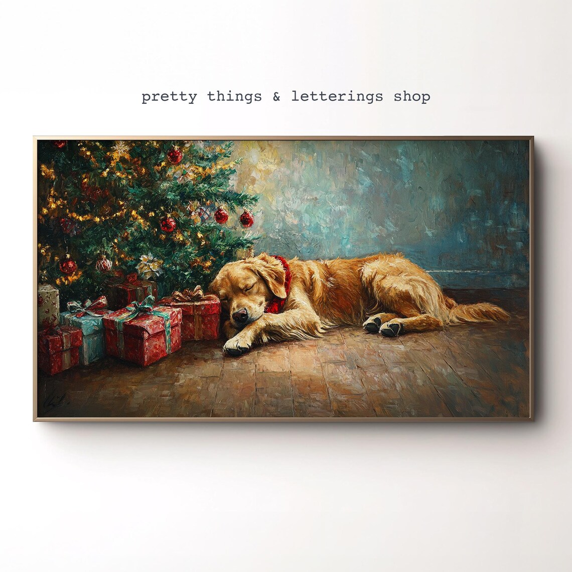 Golden Retriever Christmas Art Print, Holiday Dog Art