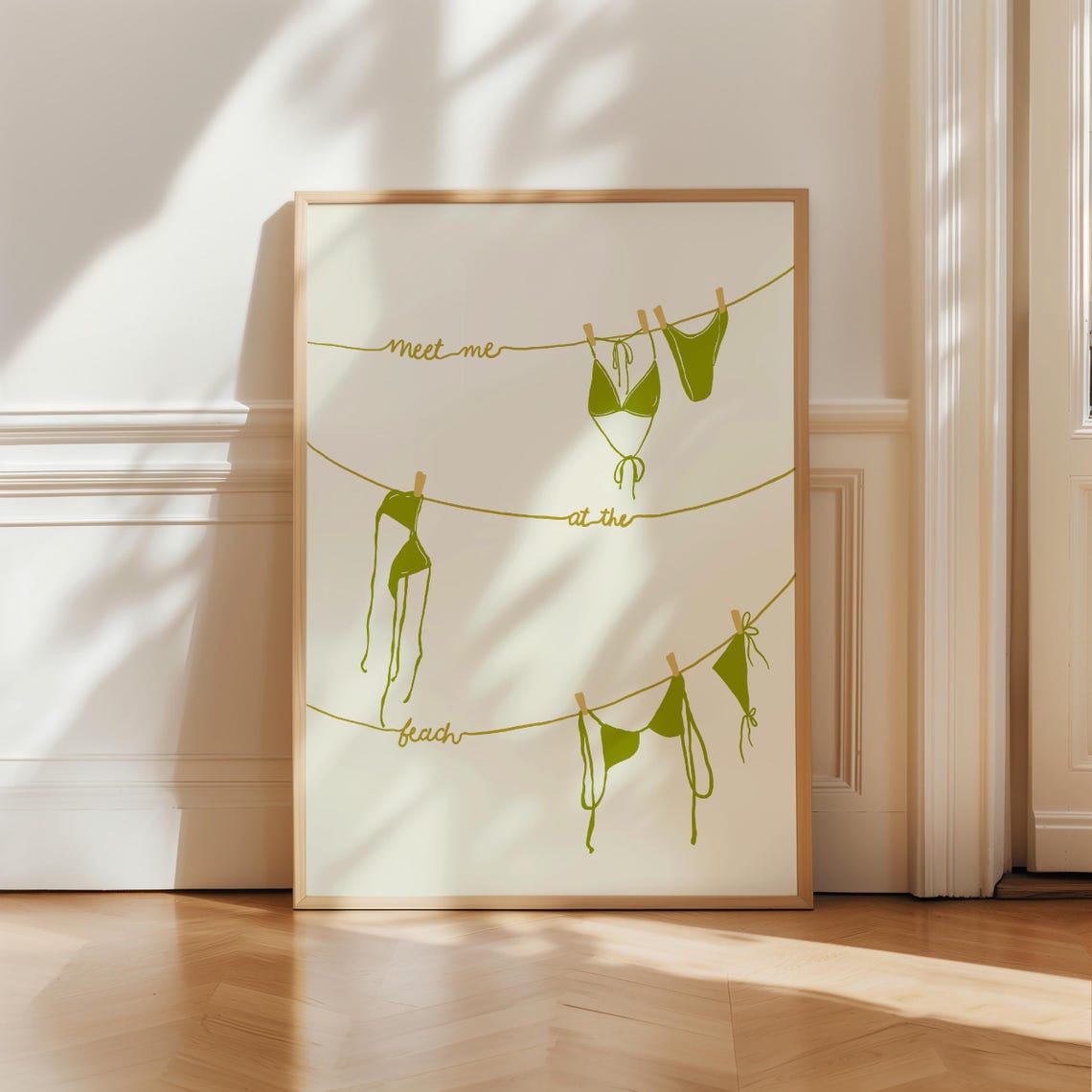 Meet Me At The Beach Green Bikinis Minimal Line Art Decor Poster