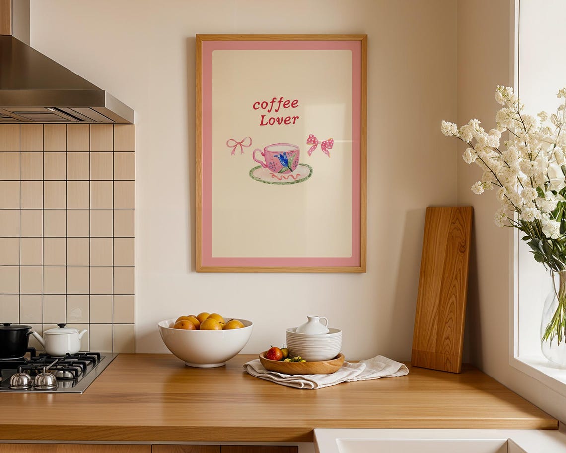 Retro Kitchen Wall Art Cute Coffee Poster Pink Bow Coquette Print Bar Cart Decor
