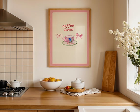 Retro Kitchen Wall Art Cute Coffee Poster Pink Bow Coquette Print Bar Cart Decor