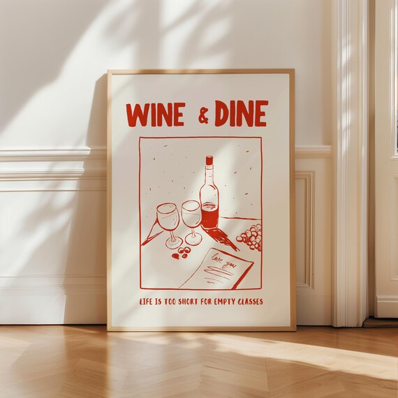 Cheerful Wine and Dine Red Line Art Quote Kitchen Dining Poster