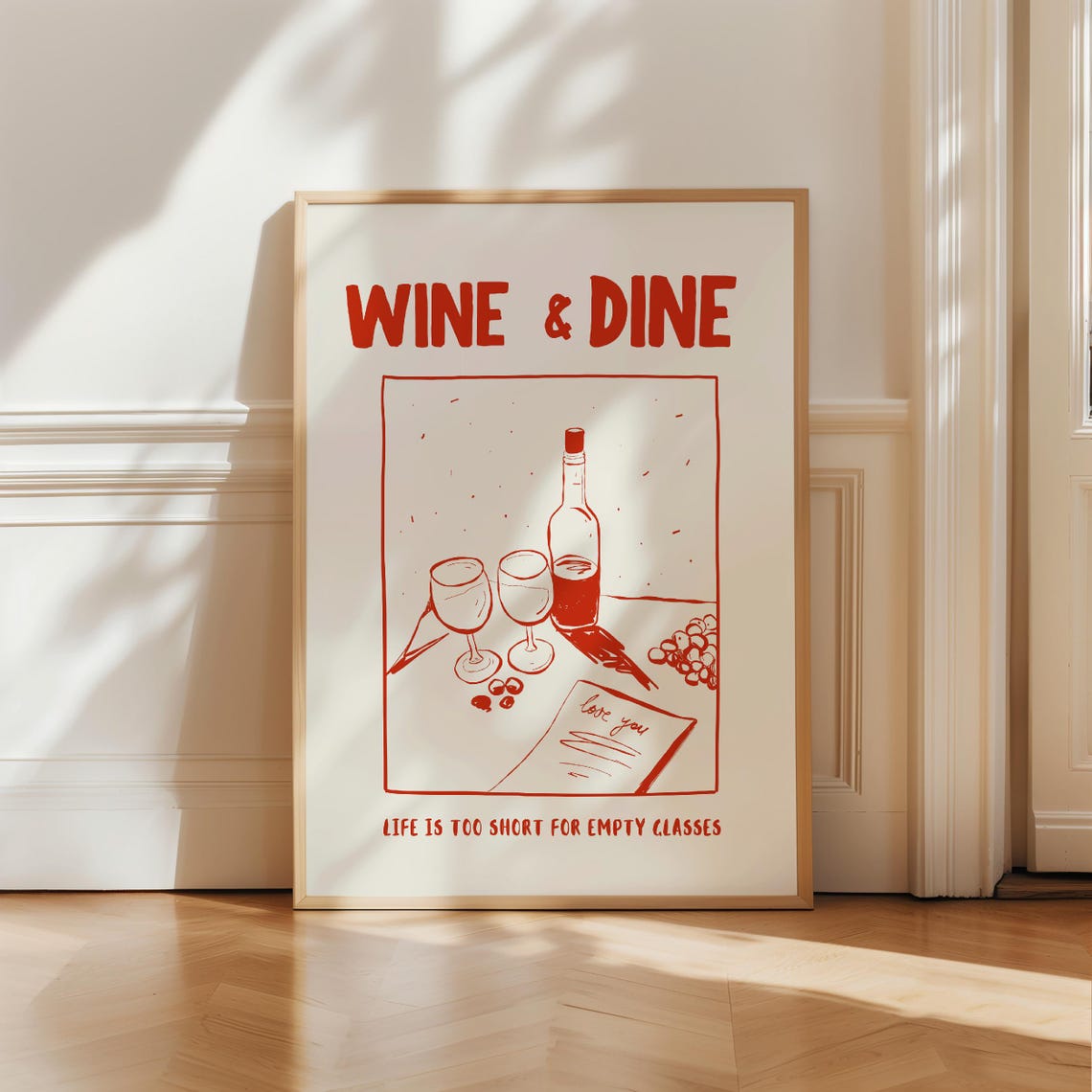 Cheerful Wine and Dine Red Line Art Quote Kitchen Dining Poster
