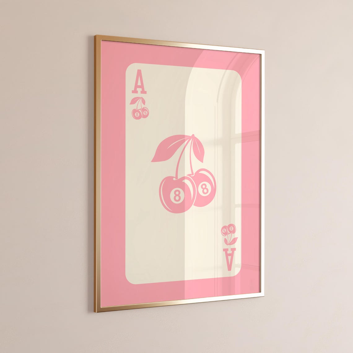 Ace of Cherry Pink 8 Ball Cherries Retro Playing Card Wall Poster