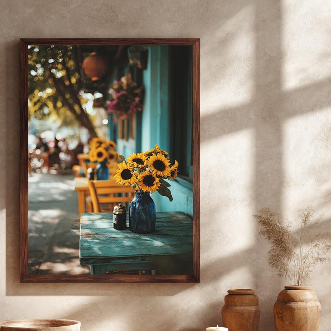 Sunflower Bouquet Blue Cafe Table Mediterranean Summer Poster