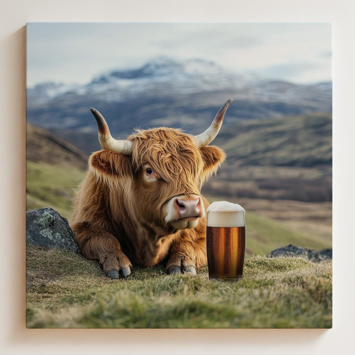 Highland Cow Couple Drinking Beer, Funny Art Print