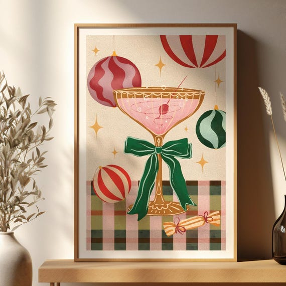 Christmas Wall Art Holiday Cocktail Illustration Retro Decor Festive Drink Print Vintage Xmas Kitchen