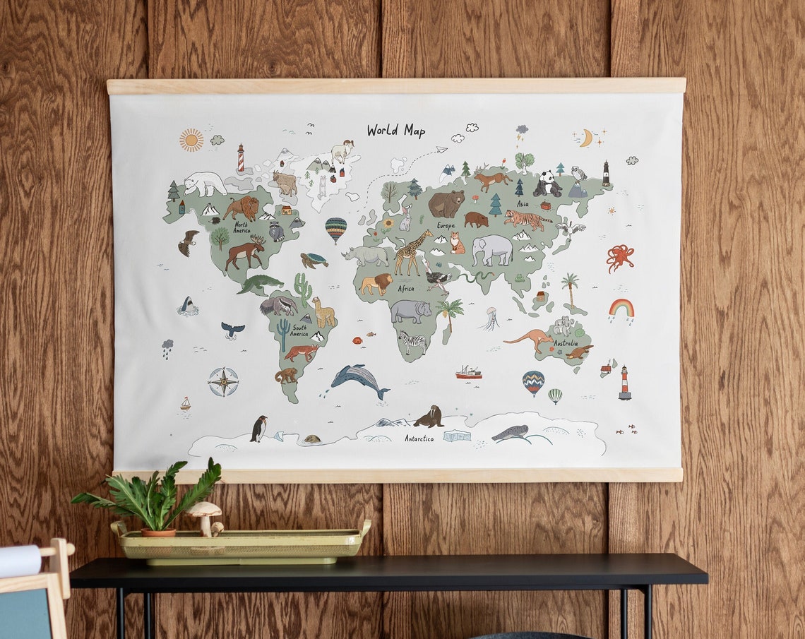 Whimsical Animal World Map Kids Room Educational Decor Poster