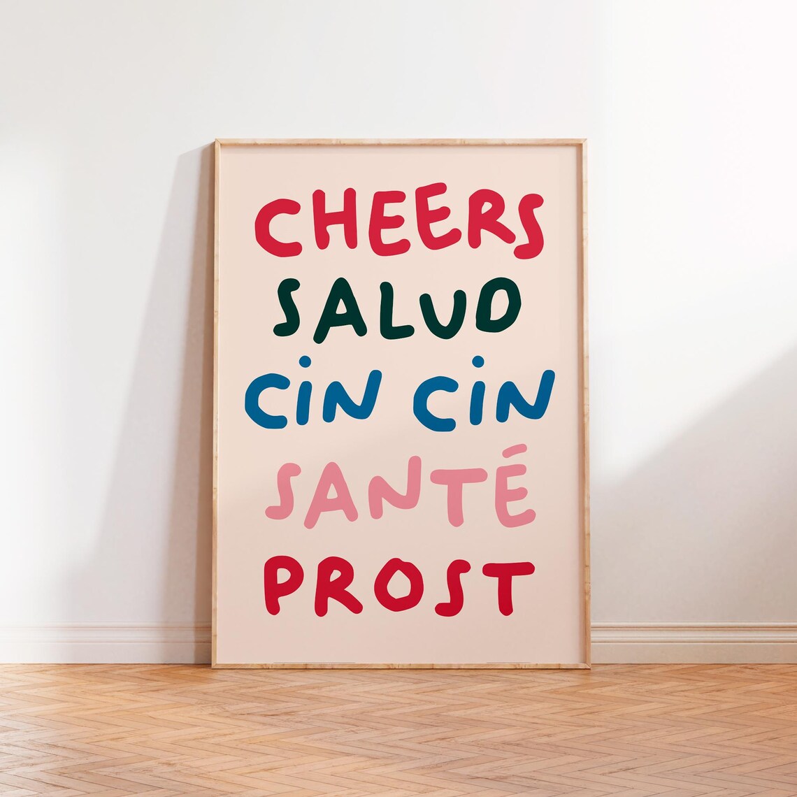 Cheers Salud Cin Cin Bar Cart Poster Black Handwritten On Cream - Image 2