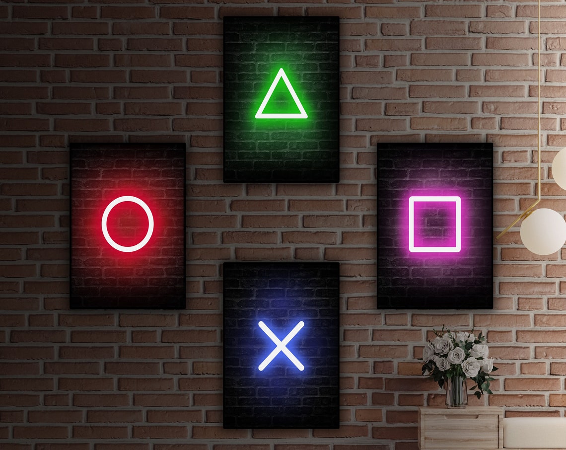 Neon Controller Button Symbols Set Four Panel Wall Decor Poster