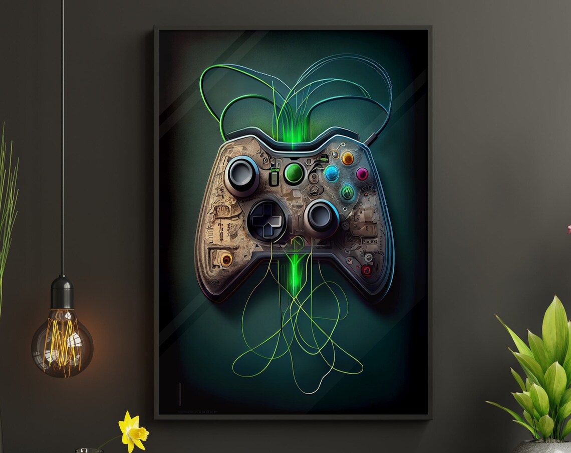 Xbox Style Controller Green Energy Wires Retro Gaming Poster