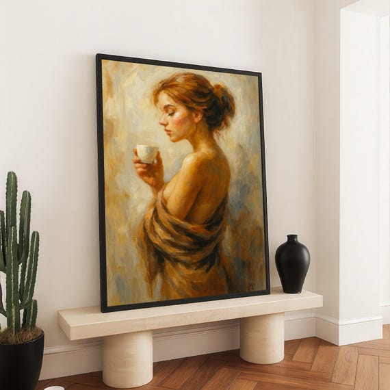 Elegant Woman With Coffee Cup Canvas Warm Tones Portrait Art Female Figure Wall Decor Cozy Morning Mood Contemporary Home