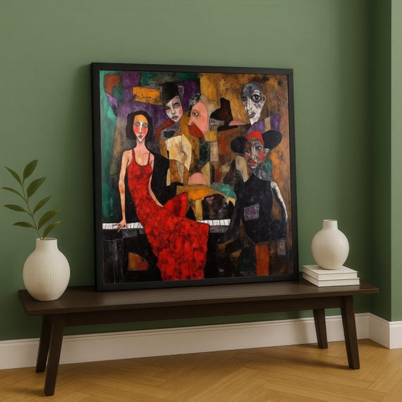 Abstract Jazz Scene Canvas Wall Art Modern Figurative Painting Red Dress Woman Musical Theme Artistic Home Decor Ready To Hang