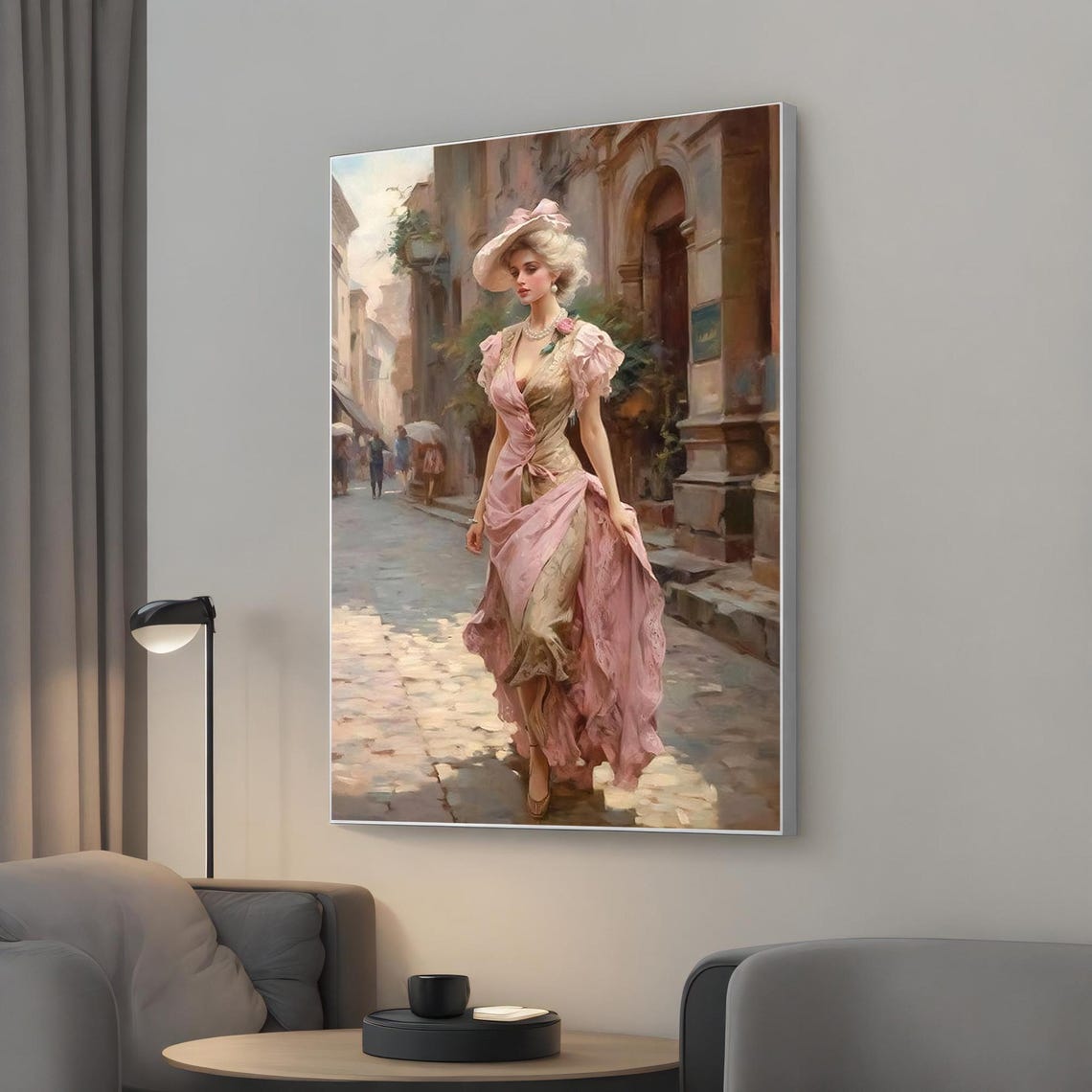 Victorian Woman In Pink Gown Strolling Cobblestone Street Poster