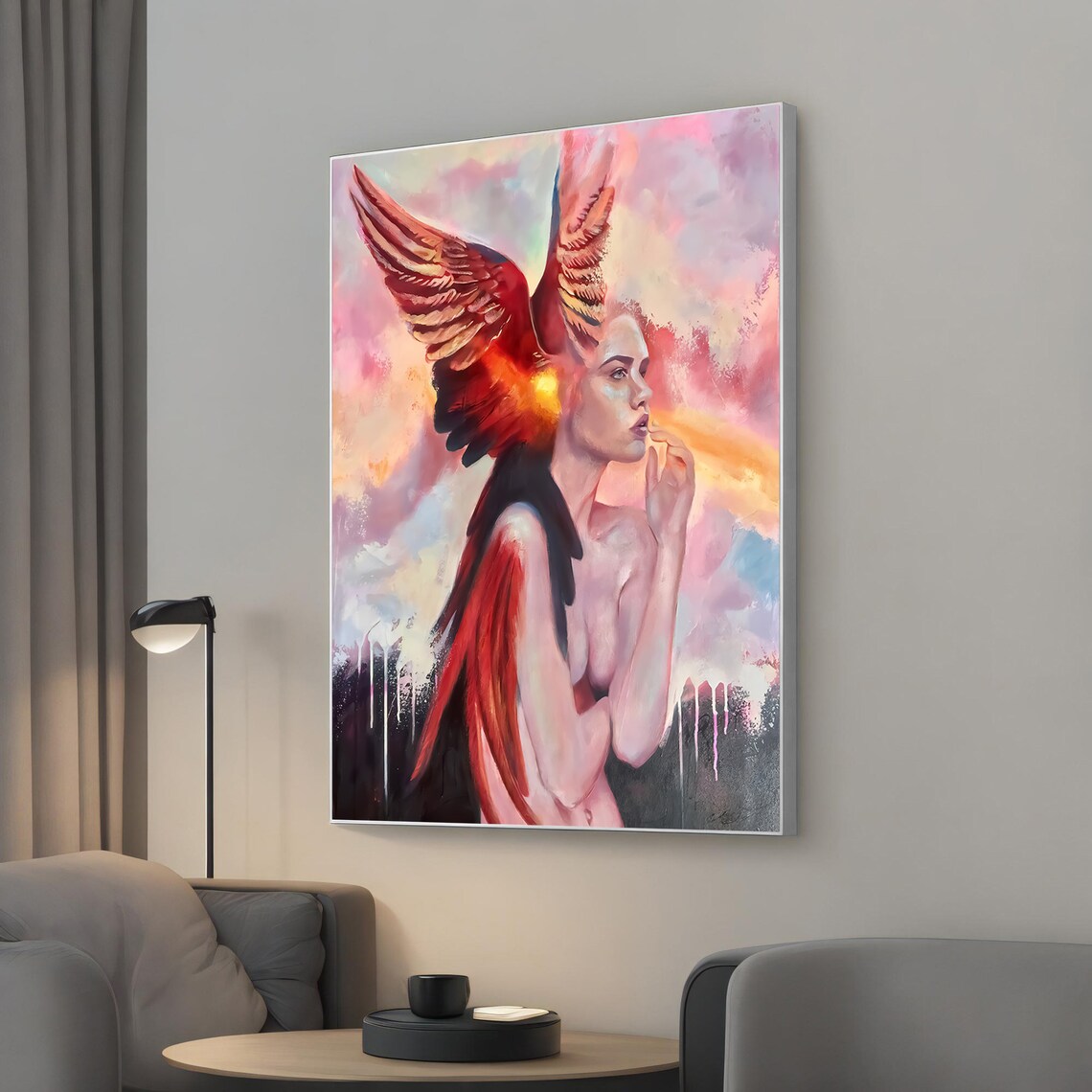 Angel Woman Red Wings Ethereal Fantasy Guardian Painting Wall Art