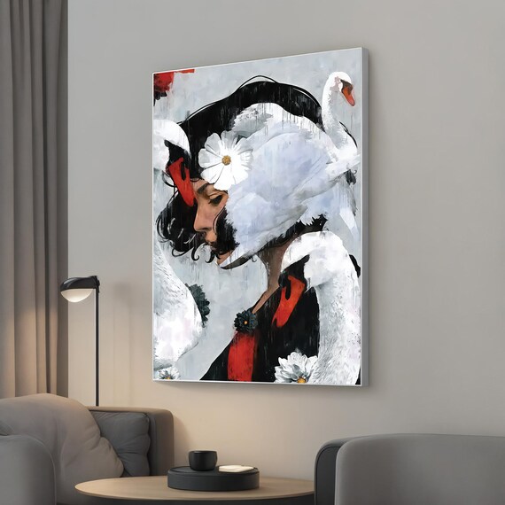 Woman With Stork Canvas Painting Elegant Girl Portrait Art For Luxury Home Decor And Contemporary Wall