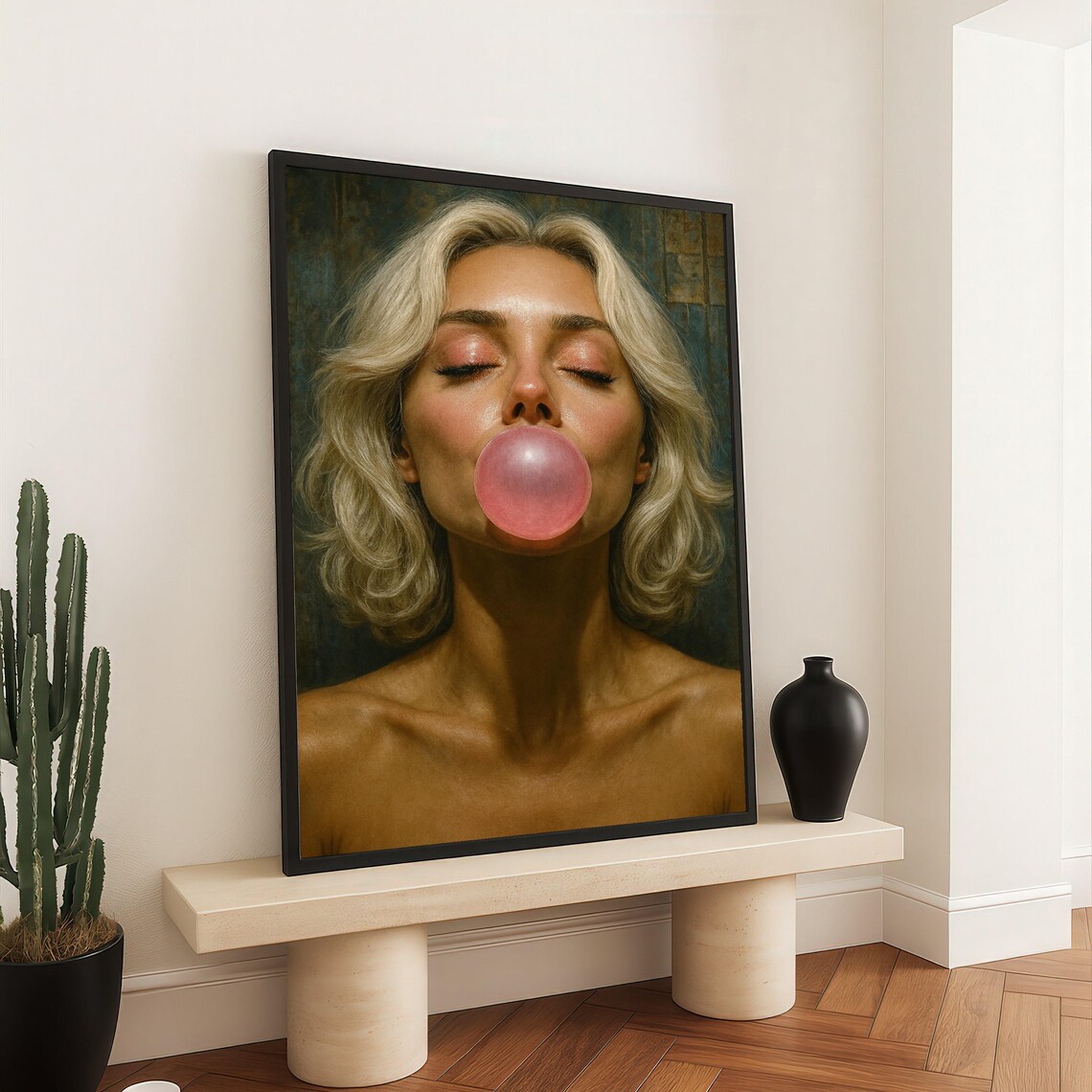 Blonde Woman Blowing Pink Bubble Gum Retro Portrait Art Poster