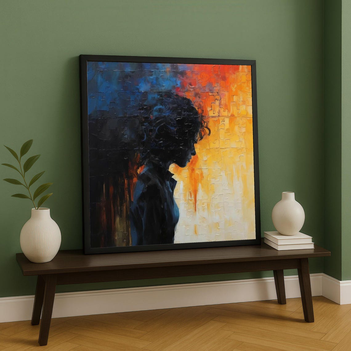 Contemplative Woman Silhouette Canvas Abstract Portrait Wall Art Emotional Expression Painting Modern Home Decor Print