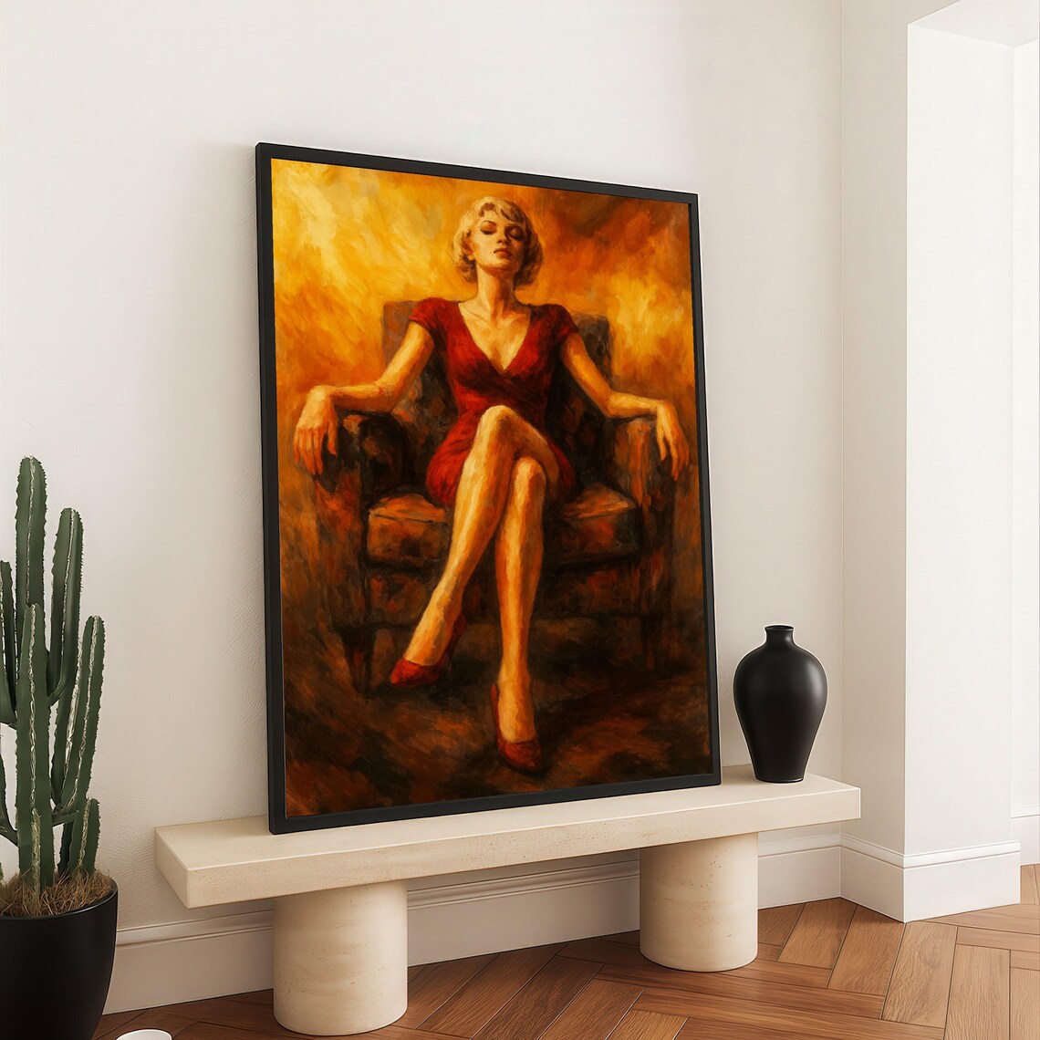 Elegant Woman in Red Dress Armchair Warm Golden Oil Painting Poster