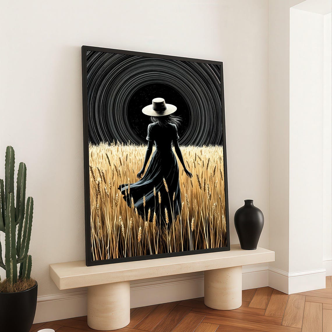 Woman In Wheat Field Hat Silhouette Starry Night Sky Art Poster