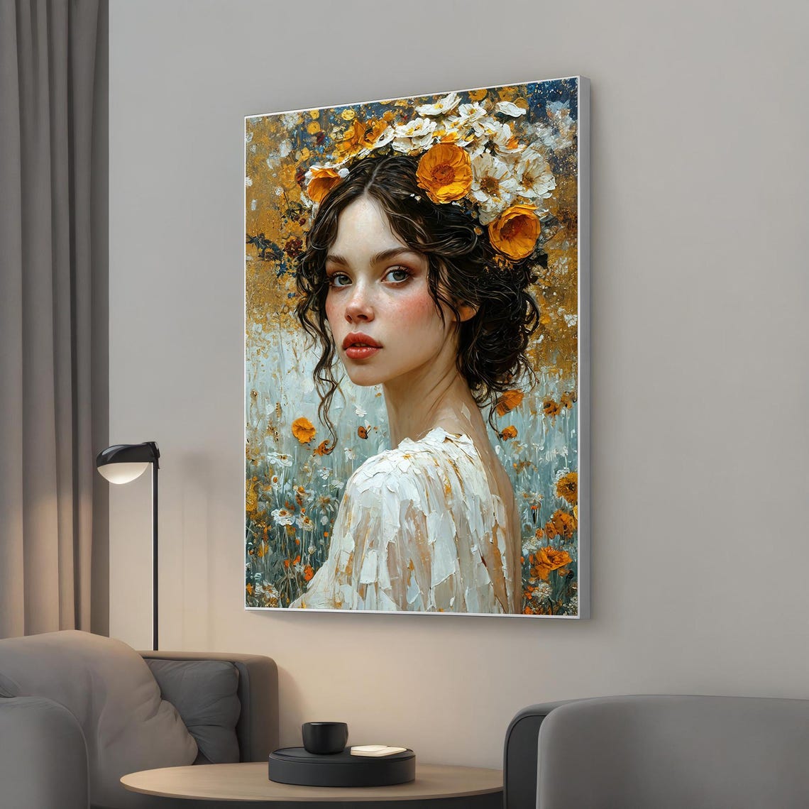 Romantic Canvas Wall Art Of Woman With Floral Crown Modern Portrait Painting Pastoral And Elegant Decor For Living Room Or Bedroom