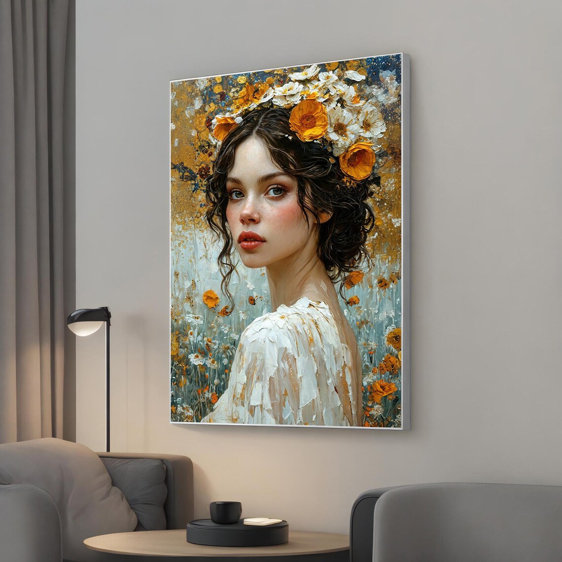 Romantic Woman With Floral Crown Oil Painting Style Portrait Poster