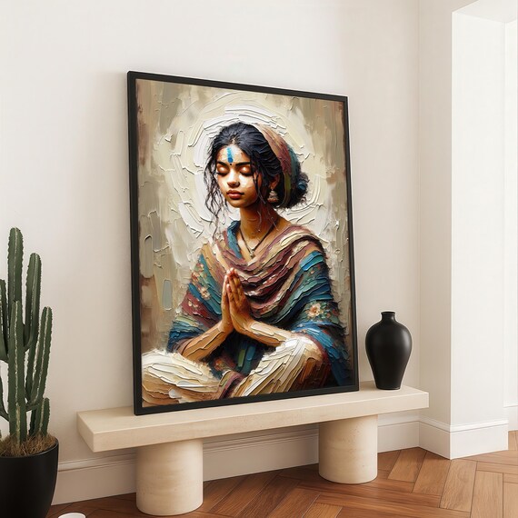 Spiritual Woman Meditation Canvas Textured Oil Style Ethnic Portrait Peaceful Prayer Pose Wall Art Boho Zen Home Decor Print