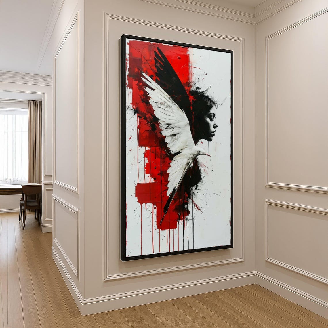Abstract Angel Wings Woman Red Black White Modern Portrait Wall Art