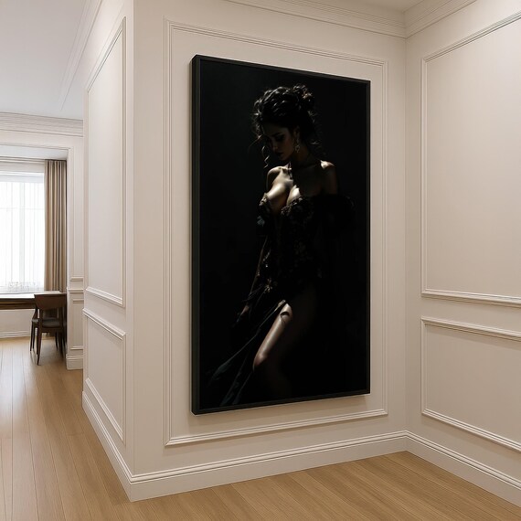 Elegant Woman Silhouette Canvas Dark Glamour Portrait Wall Art Sensual Female Figure Mood Lighting Home Decoration