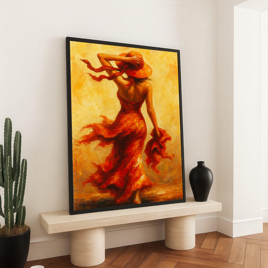 Flamenco Dancer Red Dress Swirling Oil Painting Passion Wall Art