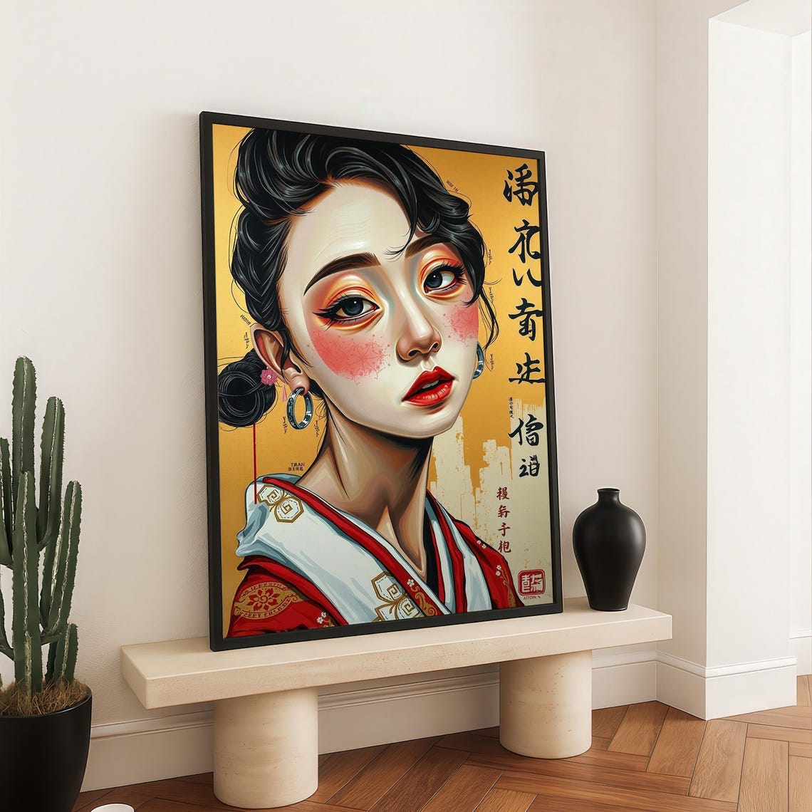 Modern Asian Woman Manga Style Portrait Gold Background Wall Art
