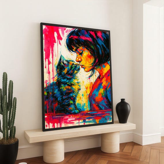 Colorful Girl And Cat Canvas Wall Art Vibrant Abstract Pet Portrait Modern Animal Love Painting Home Decor Ready To Hang