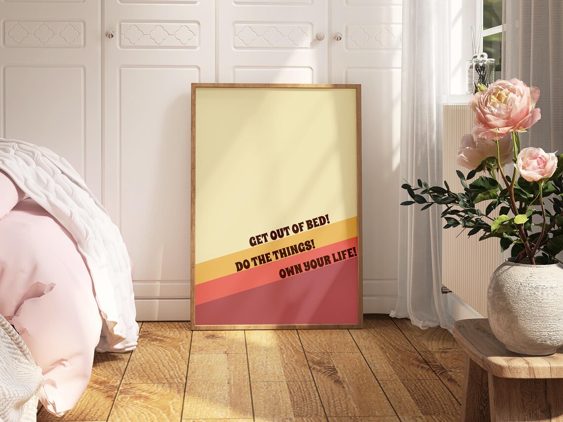 Get Out Of Bed Retro Groovy Sunset Motivational Morning Poster - Image 3