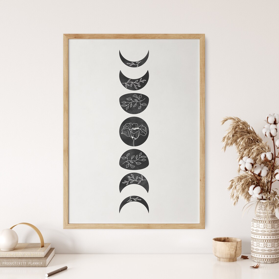 Black And White Lunar Moon Phase Floral Botanical Poster For Minimalist Boho Wall Decor - Image 2