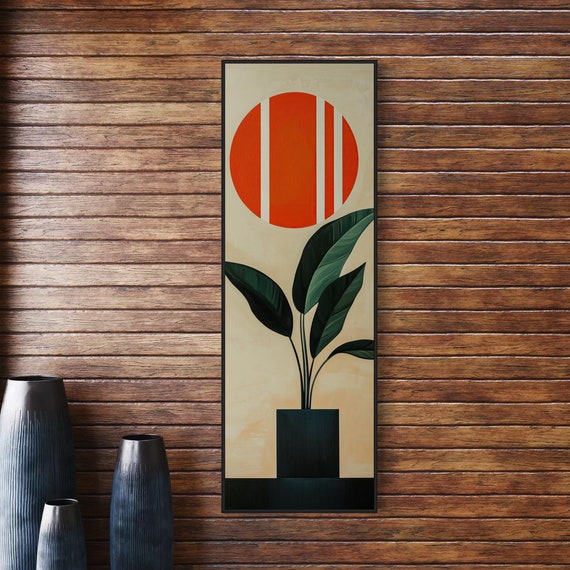 Mid Century Modern Wall Art Bold Abstract Plant With Orange Sun And Green Plant Retro Inspired Geometric Decor