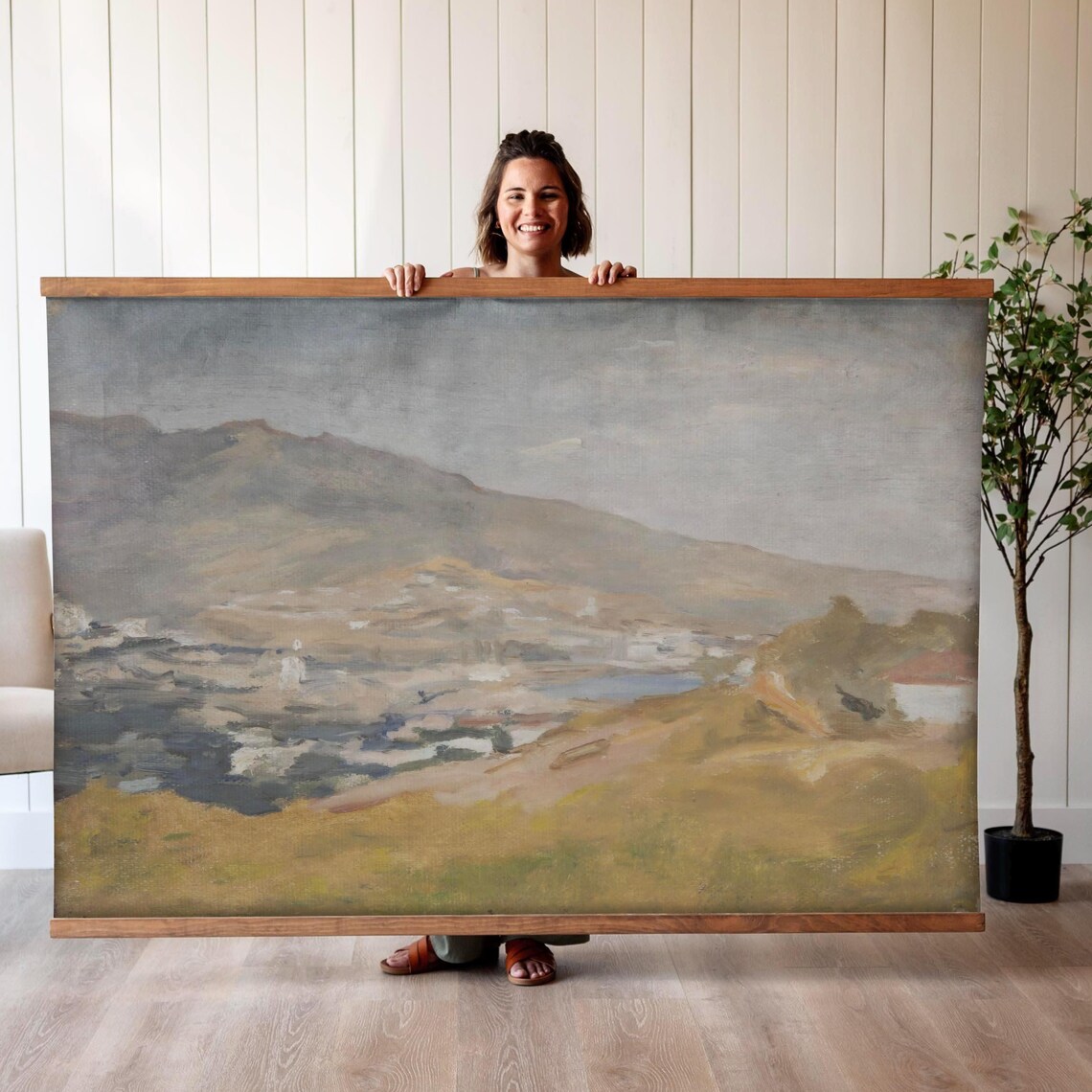 Hillside Village by the Coast Muted Vintage Landscape Painting Poster - Image 3