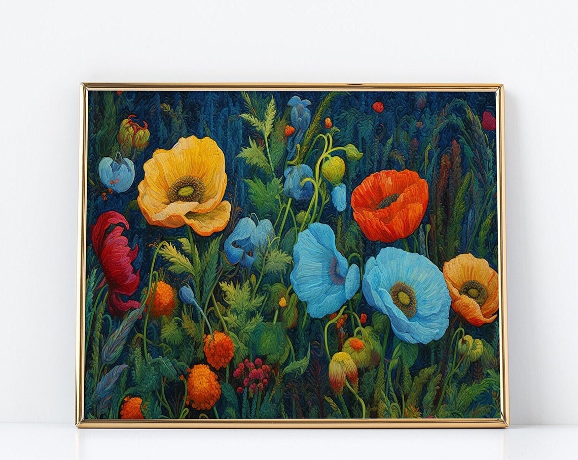 Blue Poppy Flowers Dark Night Garden Textured Floral Art Poster