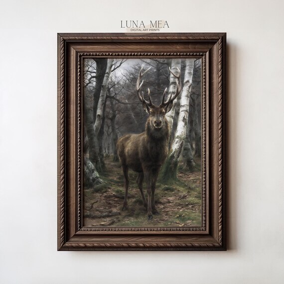 Vintage Deer Stag Portrait Birch Forest Rustic Woodland Animal Wall Art
