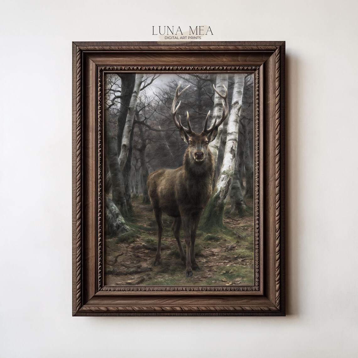 Vintage Deer Stag Portrait Birch Forest Rustic Woodland Animal Wall Art
