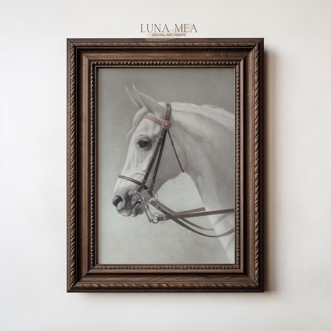 White Horse Portrait Painting Vintage Equestrian Art Antique Wall Art