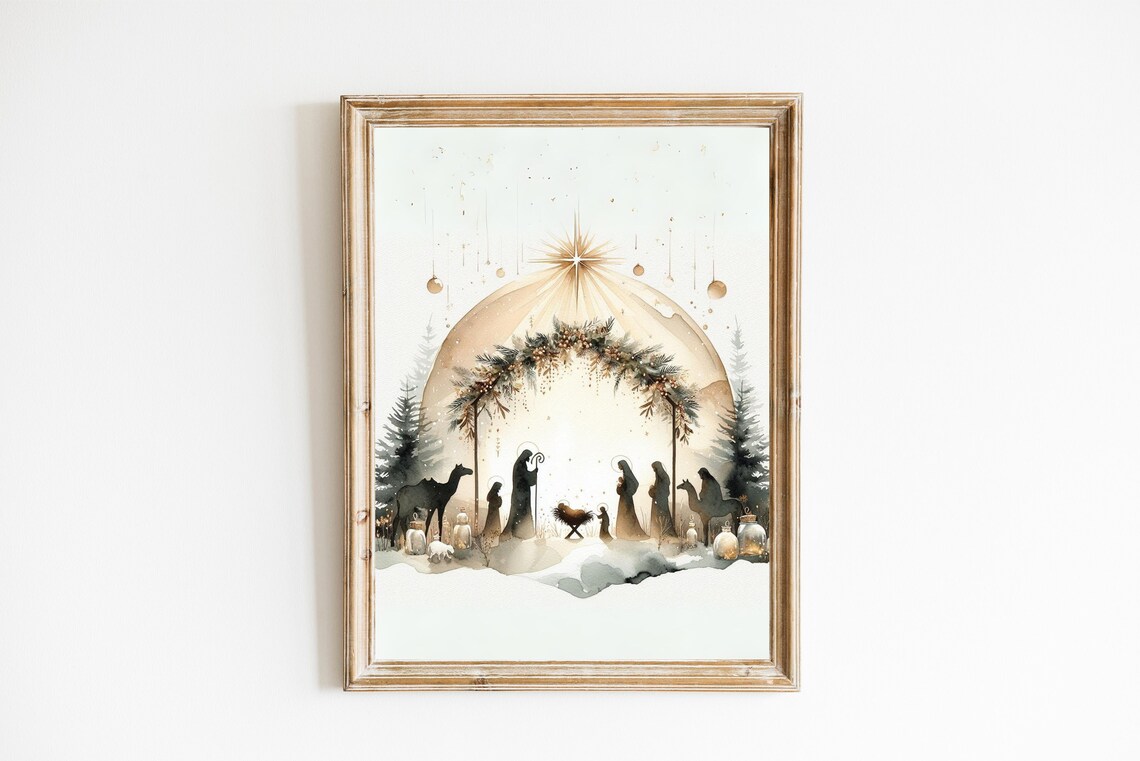 Christmas Nativity Scene Watercolor Holy Family Star Holiday Art Poster