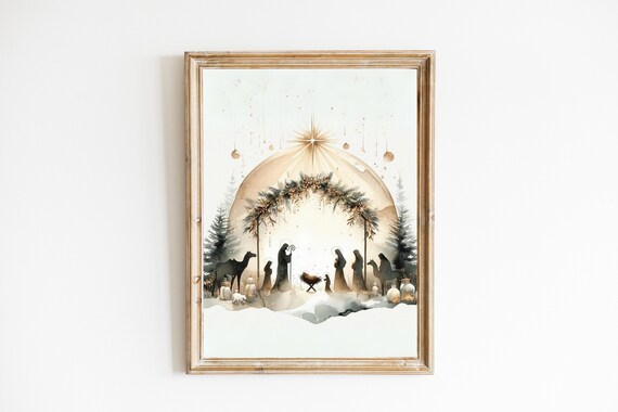 Christmas Nativity Scene Watercolor Holy Family Star Holiday Art Poster