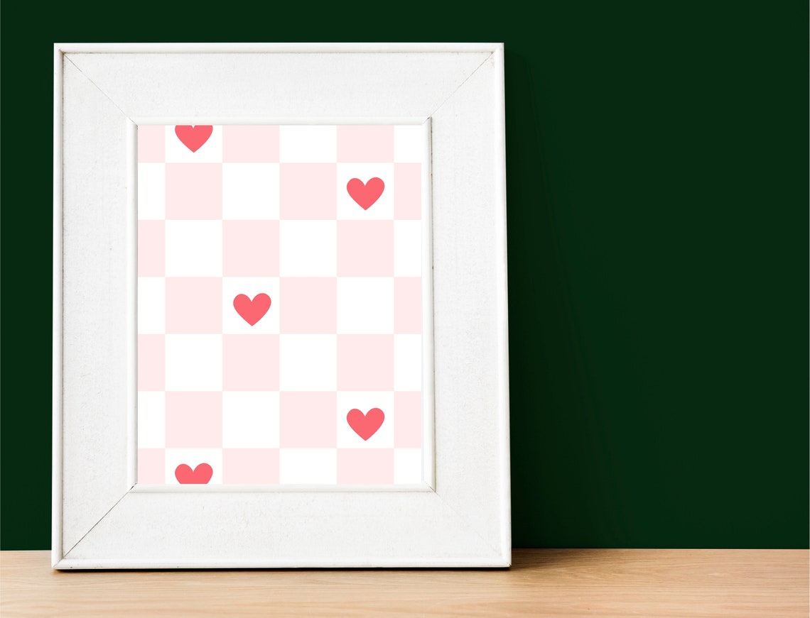 Pink Checkered Hearts Pattern Minimalist Poster Cute Girly Room Decor - Image 2