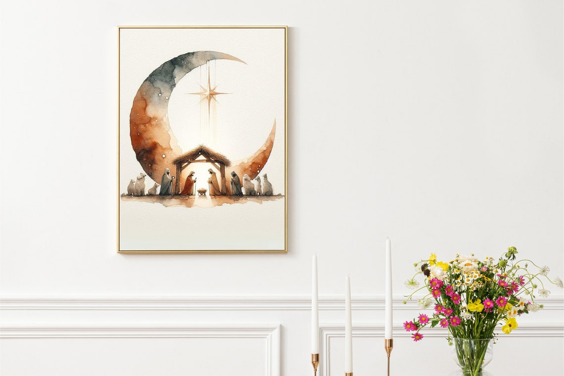 Watercolor Nativity Scene Crescent Moon Star Christmas Art Print - Image 2