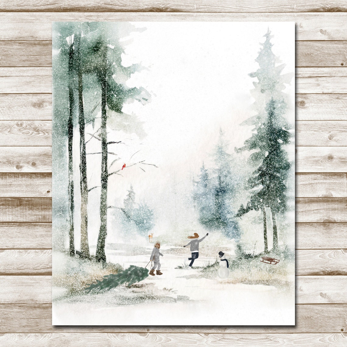 Bringing Home The Tree Snowy Forest Watercolor Christmas Poster - Image 4