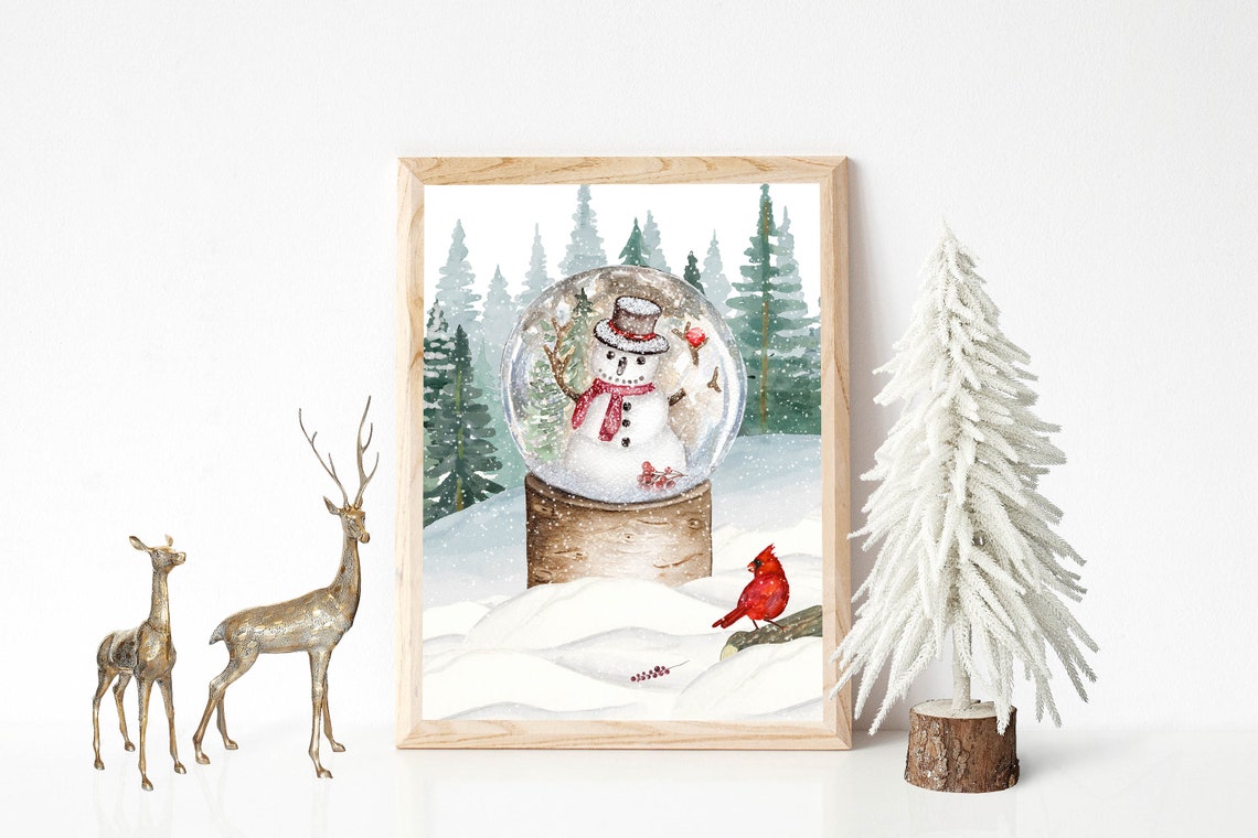 Snowman Snow Globe Winter Forest Red Cardinal Watercolor Poster - Image 3