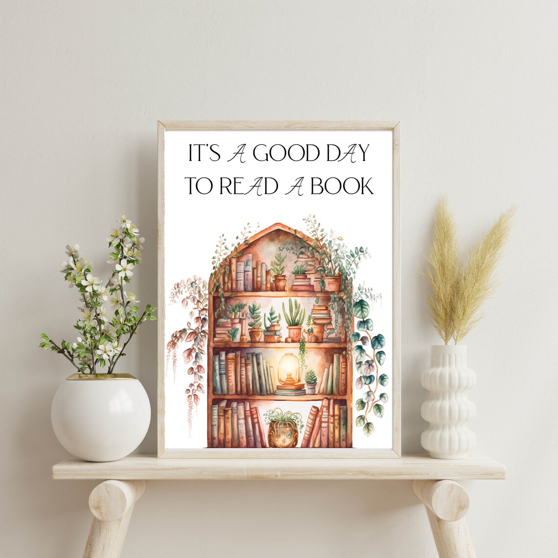 Cozy Its A Good Day To Read A Book Botanical Bookshelf Watercolor Poster - Image 3