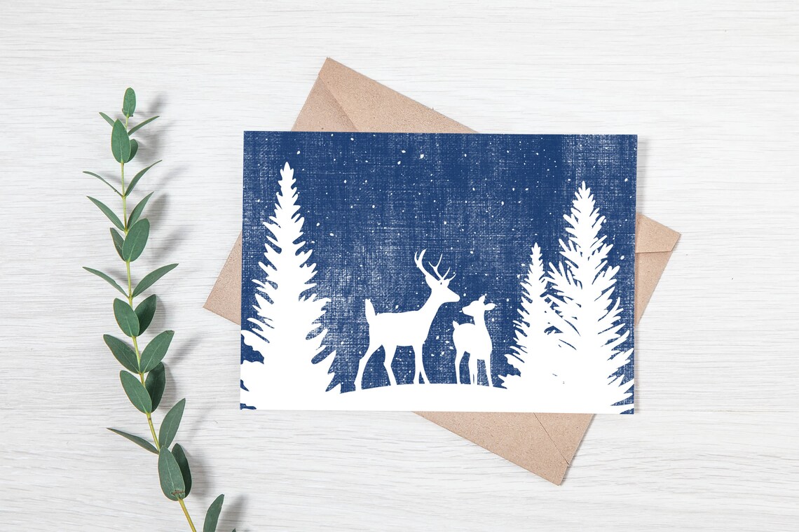 Deer Silhouettes Among Pines White On Navy Winter Snow Scene Poster - Image 3