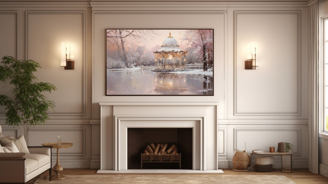 Snowy Gazebo Frozen Lake Sunset Panoramic Romantic Winter Poster - Image 5
